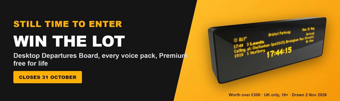 Win a Desktop Departures Board, every voice pack and lifetime Premium