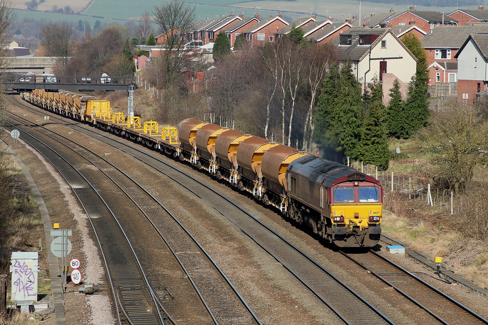 Class 66 locomotive hauling an engineering train through Tapton Junction, Chesterfield